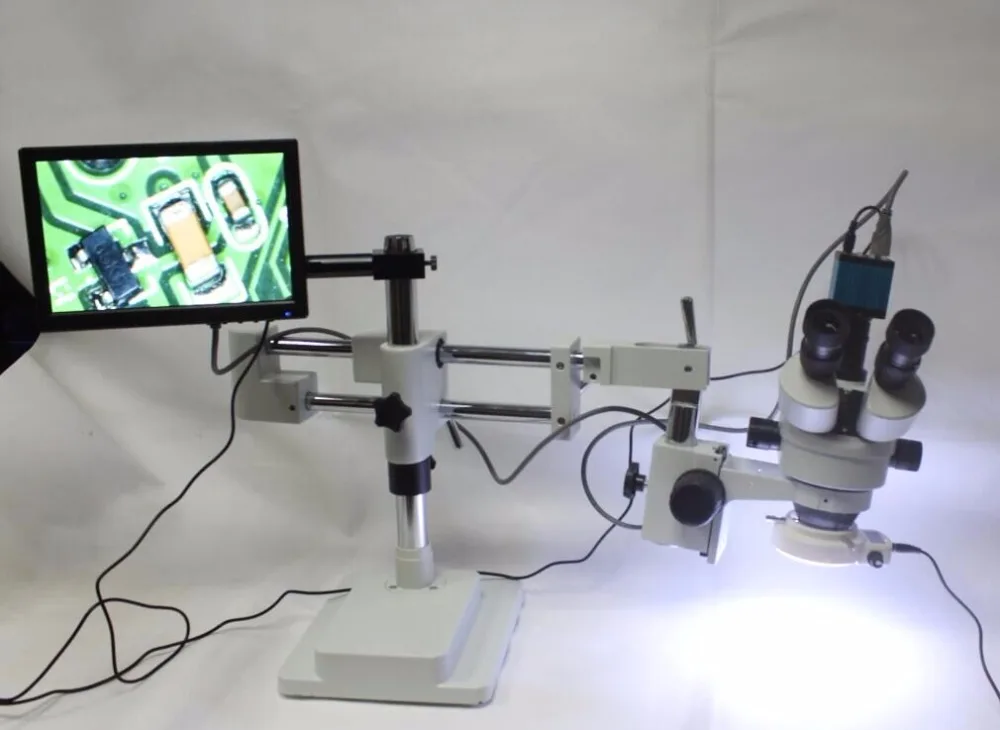 7X 90X Simul focal Trinocular Stereo Zoom Microscope with Double Arm