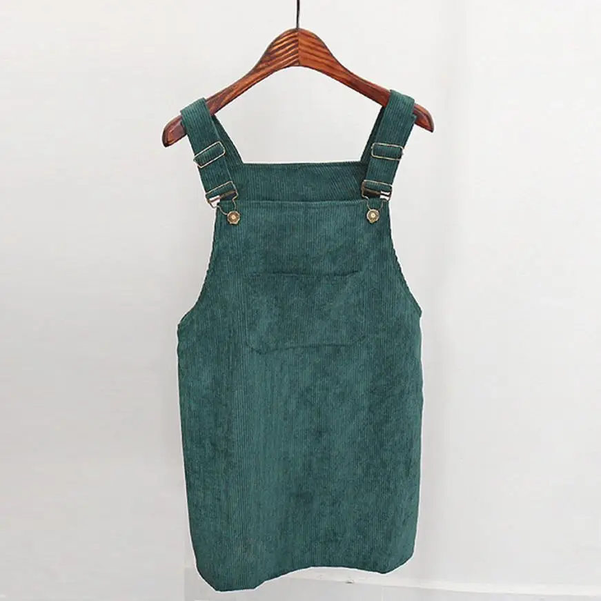 

FeiTong Women Vintage Corduroy Dress With Pocket Autumn Suspender Dress Female Casual Spaghetti Strap Green Dress