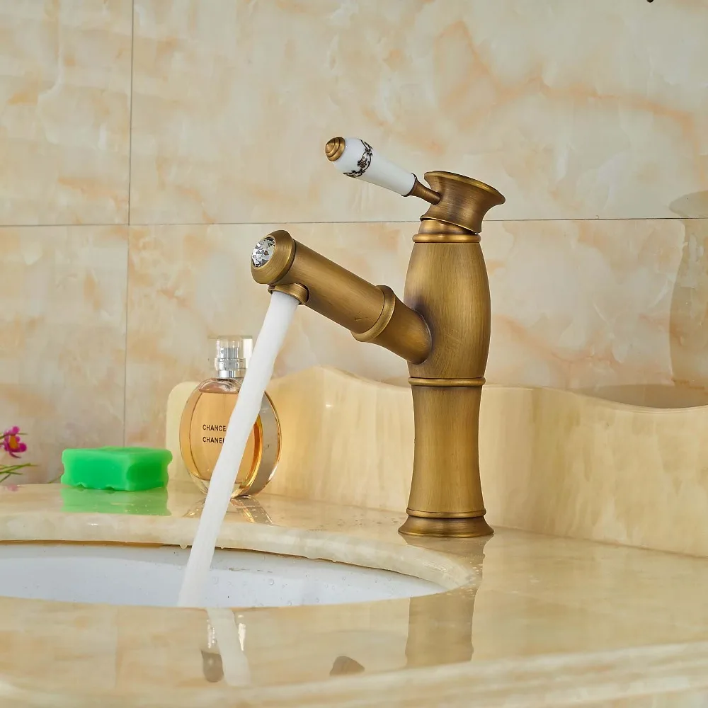Antique Brass Bathroom Basin Faucet Pull Out Sprayer Mixer ...