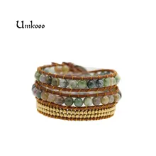 Женские богемные браслеты, винтажные кожаные браслеты, 3 Многослойные нити, плетеные медные бусины, ручная работа, браслеты