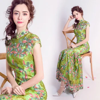 green traditional wedding qipao dresses cheongsam embroidered designer modern chinese oriental women long lace plus size mermaid