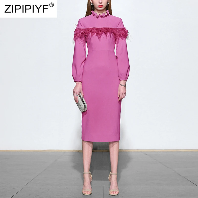 Fashion Runway Women Dress Tassels Ruffled Pencil Dresses Lantern