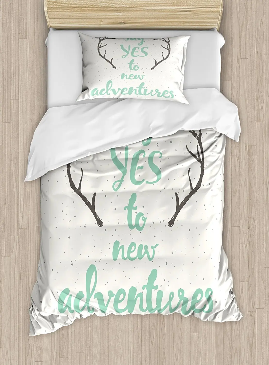 

Adventure Duvet Cover Set Calligraphic Quote Antlers and Arrow on Grunge Dotted Backdrop Decorative 4 Piece Bedding Set
