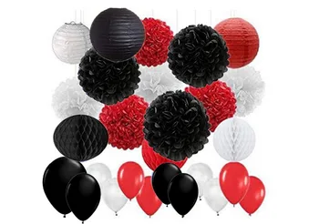 

Minnie Mouse Party Supplies Kit 45pcs Black White Red Tissue Paper Pom Poms Paper Lanterns and Latex Balloon Wedding, Birthday