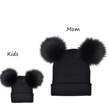 

NASHAKAITE Mom and Baby matching Beanies Cap 2pcs Winter Warm Knitted Hat Women Kids Hats Fur Ball Pompom Bobble Hat