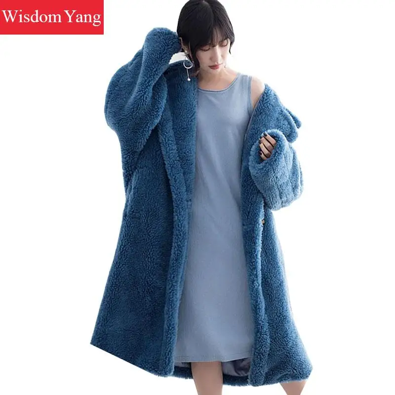 

Blue Pink W Fur Teddy Bear Sheep Shearing Wool Cashmere Coats Womens Trench Winter Warm Long Woolen Overcoat Coat Outerwear