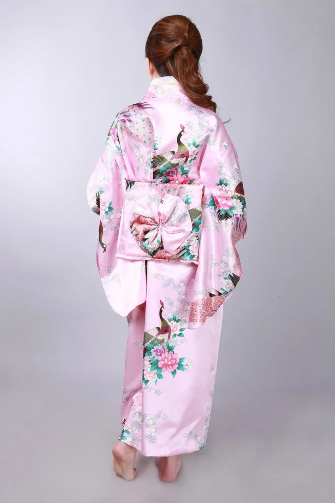 Высокое качество розовый японский Для женщин шелк кимоно из вискозы традиционная юката с Оби вечернее платье один размер Mujeres Quimono H0040-B