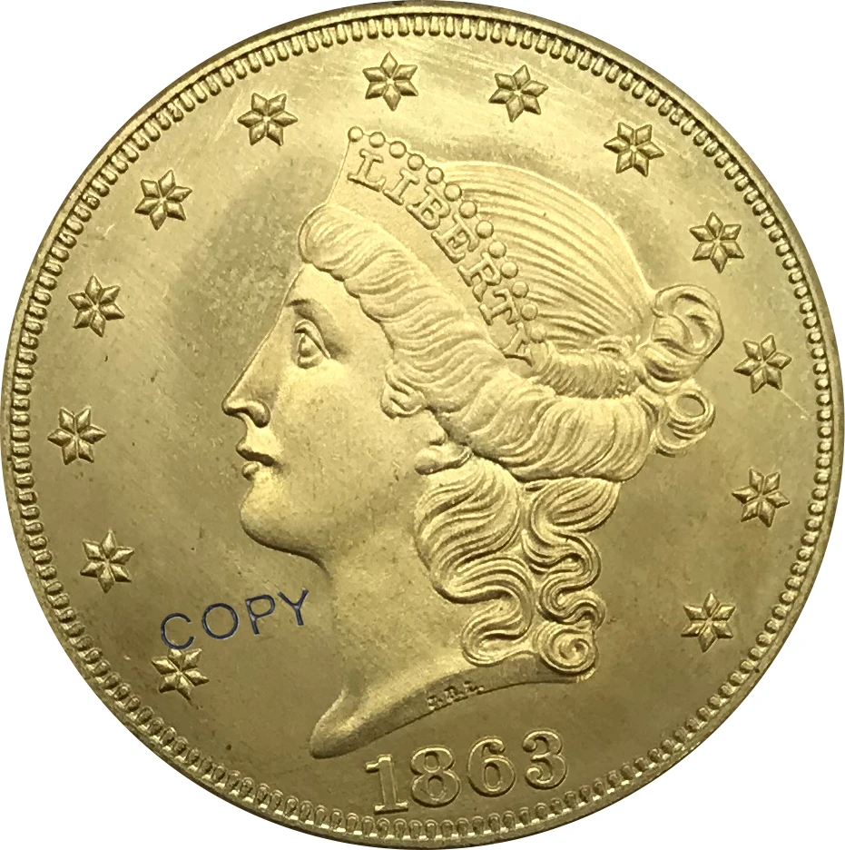 S 1863 Estados Unidos 20 dólares Liberty Head doble águila Moneda de Oro  latón coleccionable copia moneda|Monedas sin curso legal| - AliExpress