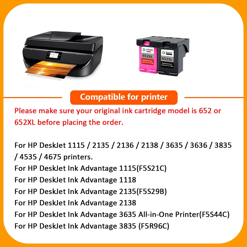 Сменный чернильный картридж Hisaint 652XL для HP 652 XL Deskjet 1115 1118 2135 2136 2138 3635 3636 3835 4535