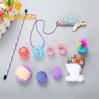 

10 PCS/ Set Bell Funny Cat Teaser Artificial Feather Cat Interactive Toy Set