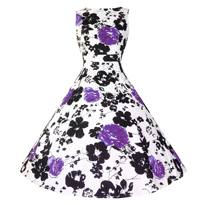 Kostlish Cotton Summer Dress Women 2017 Sleeveless Tunic 50s Vintage Dress Belt Elegant Print Rockabilly Party Dresses Sundress (89)