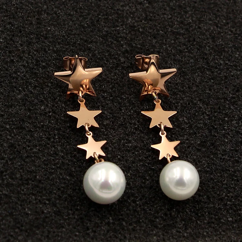

Martick Elegant Style Pearl Drop Earrings Three Stars Pendant Stainless Steel Rose Gold Earrings For Woman Wedding Jewelry E40