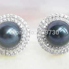 Ry00226 AAA Подлинной 15 мм Tahitian черный круглый жемчуг серьги