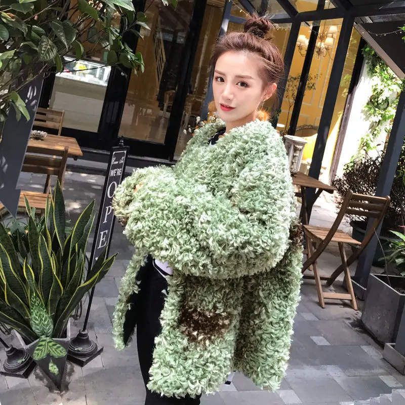 

Female Autumn Winter New O-Neck Faux Fur Coat Women Fashion High Quality Green Parka Casual Oversize Long Sleeve Outerwear Z587
