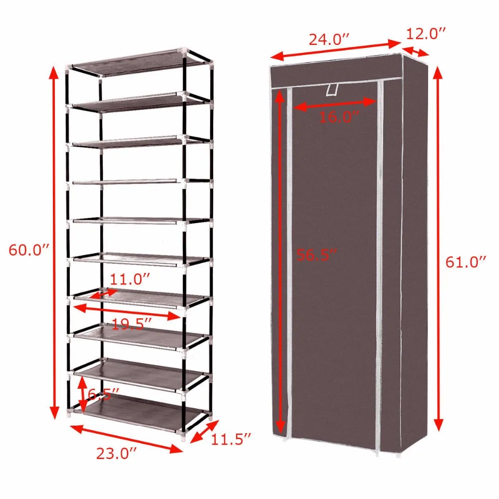 Giantex 10 Tier Shoe Tower Rack With Fabric Cover 18 Pair Home Space Saving Organizer Portable Shoes Shelf Cabinet HW57331