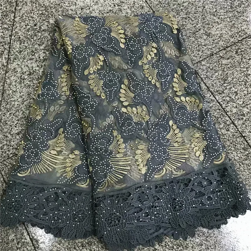 

2018 New Arrival Grey African Cord Lace Fabric French Embroidered Mesh Lace Fabrics With Stones And Beads For Clothing NLY26-3