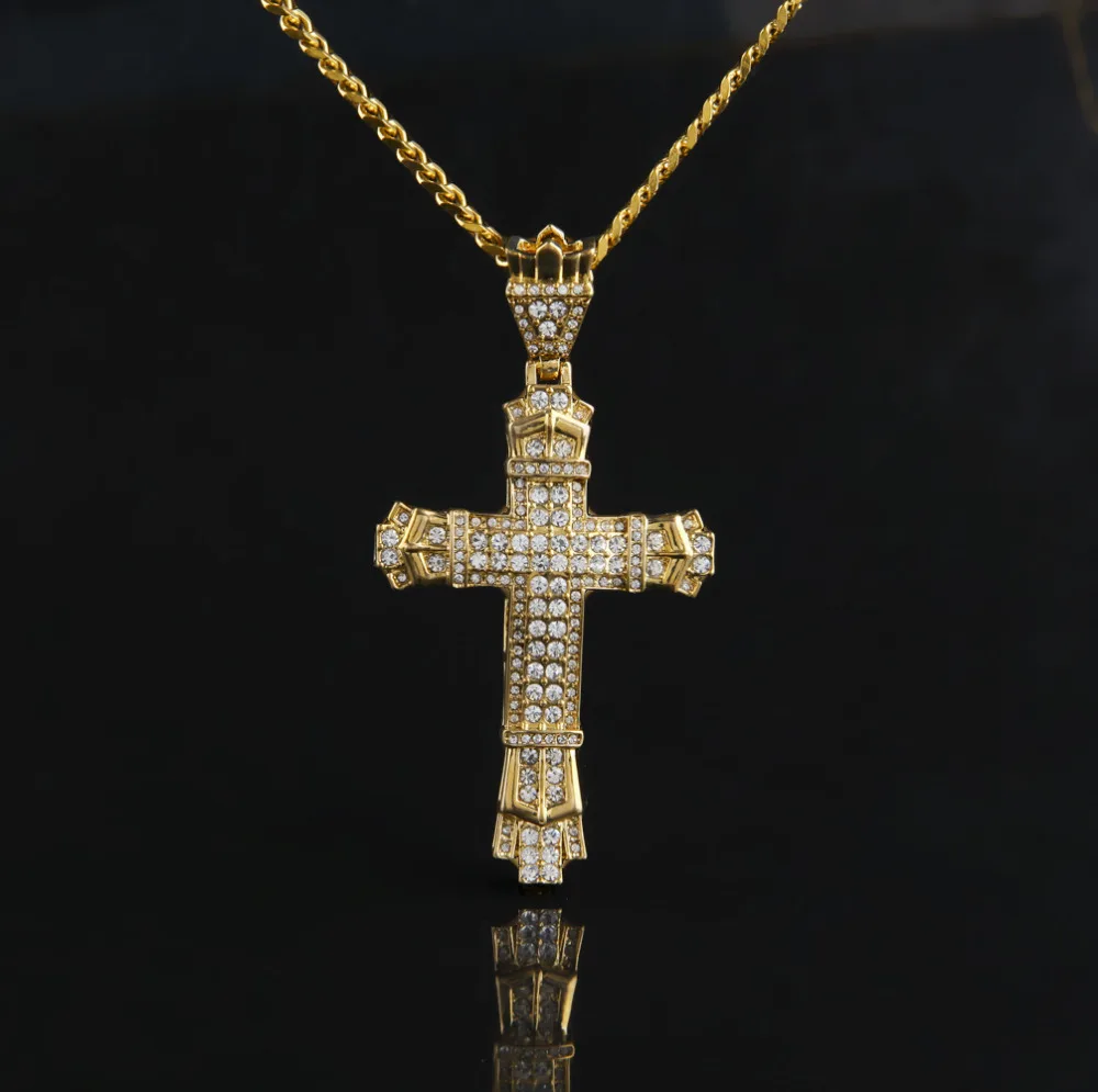 gold silver plated Men hip hop iced out cross pendant necklaces with ...
