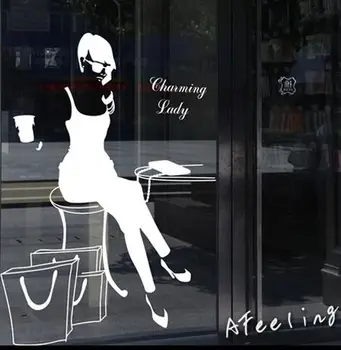 

fashion talent shopping girl sticker coffee store showcase glass sticker seating women girl wall sticker
