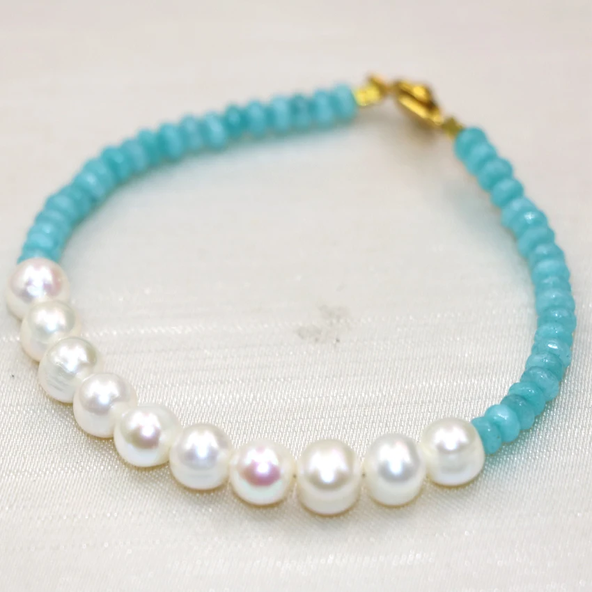 

Blue dyed 2*4mm stone chalcedony jades abacus 7-8mm white pearl beads bracelet bangle for women elegant jewelry 7.5inch B2981
