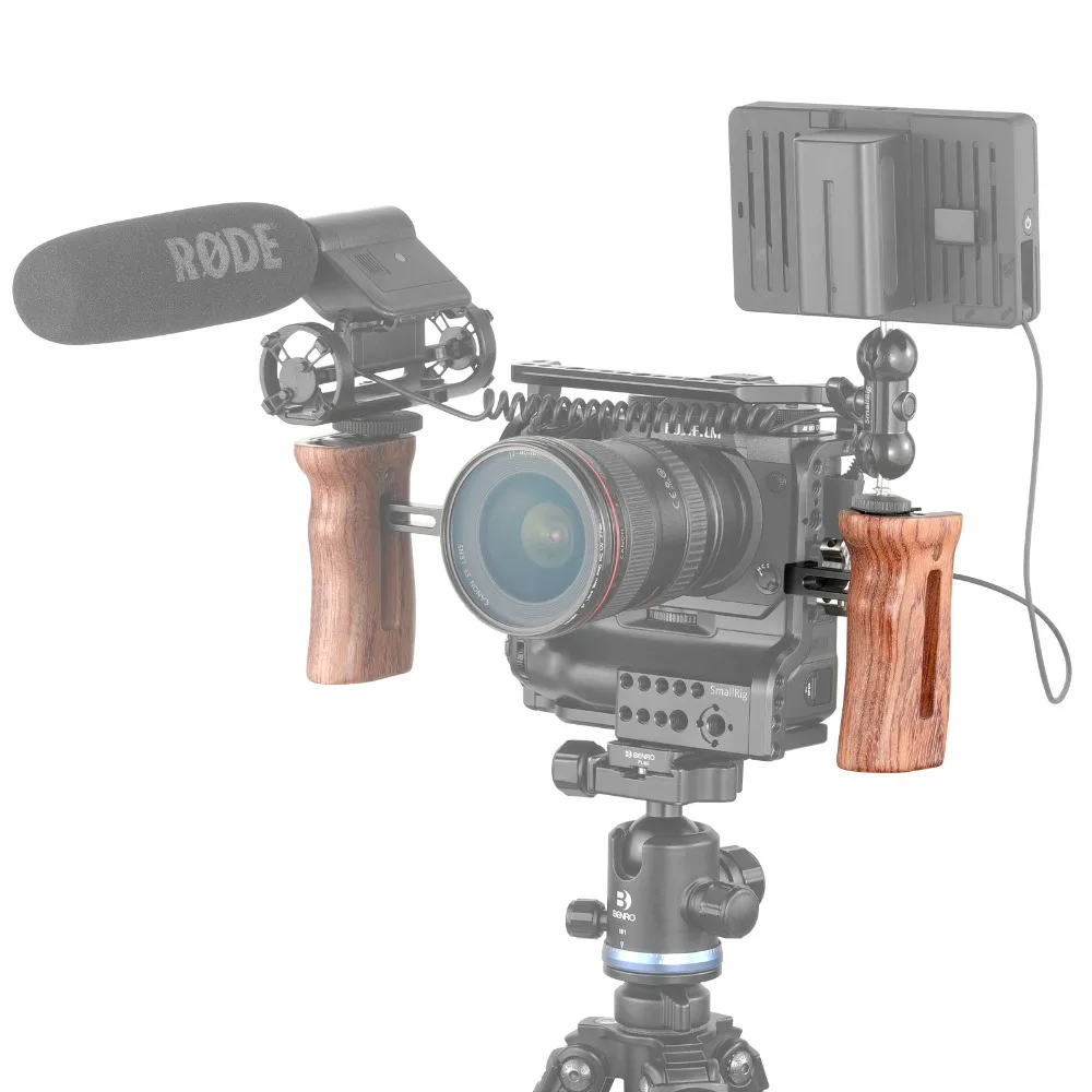  SmallRig Adjustable DSLR Wooden Camera Handle Universal Side Handle Grip W/ Cold Shoe Mount for Mic