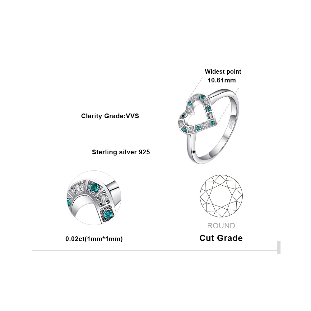 Ювелирный дворец 0.05ct нано русский имитация изумруда сердце кольцо 925 пробы серебро для женщин