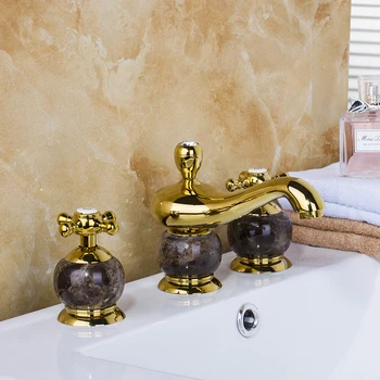 

Contemporary Novel Design Basin Faucet Golden Finish Ceramic Deck Mounted Dual Handle Hot Cold Water Mixer Eminent Basin Faucet