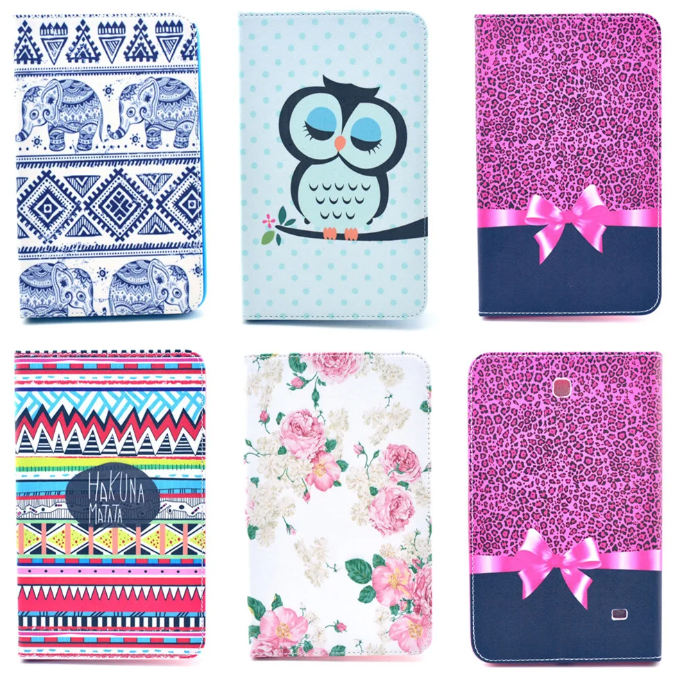 

For Samsung Galaxy Tab 4 8.0 T330 T331 Case Fashion Bowtie Rose Owl Pattern Wallet Flip PU Leather Tablet Shell Protector Funda