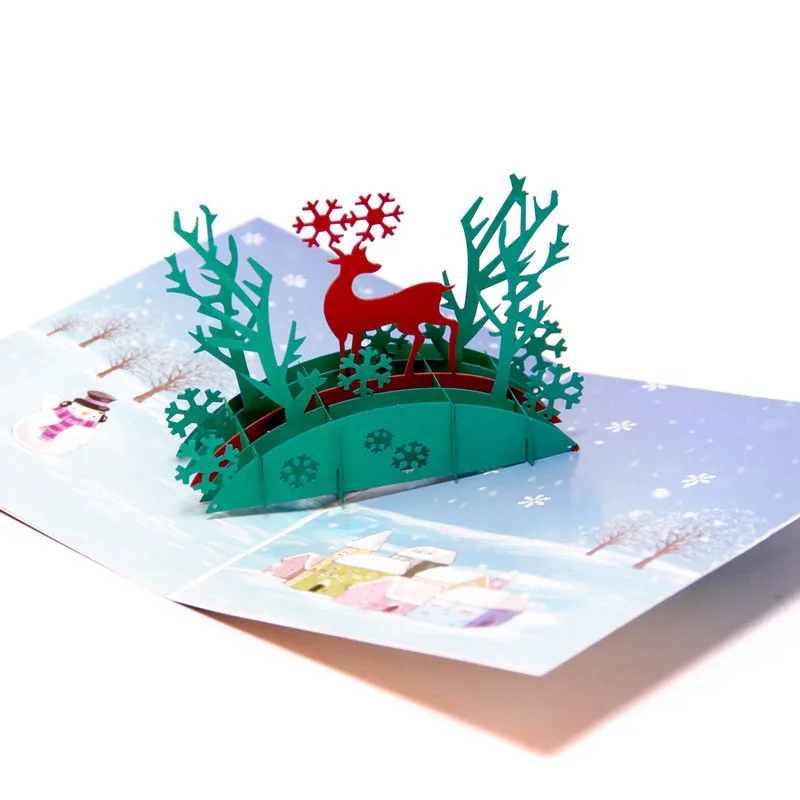  3D Laser Cut Colorful Cover Christmas New Year Sled Deer Santa Claus Paper Invitation Greeting Card - 32800588169