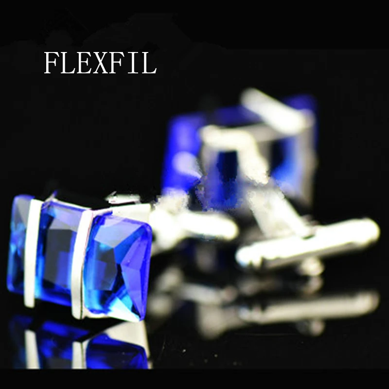 

FLEXFIL Jewelry fashion shirt cufflink for mens gift cuff button blue Crystal cuff link High Quality abotoaduras Free Shipping