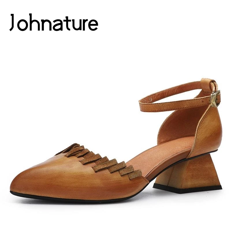 

Johnature 2019 New Spring And Summer Genuine Leather Retro Spiked Toe Ankle-Wrap Buckle Strap Sandals Women Lady Med Heel