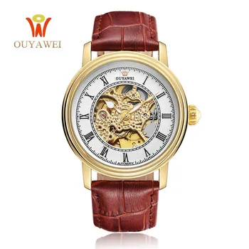 

Mechanical Watch, Automatic Skeleton Mens Watches Top Brand Luxury Male Clock Men Leather xfcs a Wrist Watch OUYAWEI Wristwatch