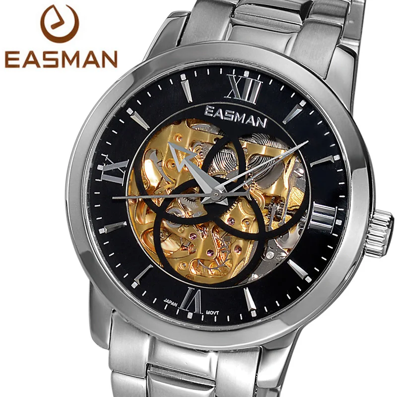 EASMAN Mens Watches Skeleton Classics Men Automatic Machine Self winding Watch For Men Big Dail Clock