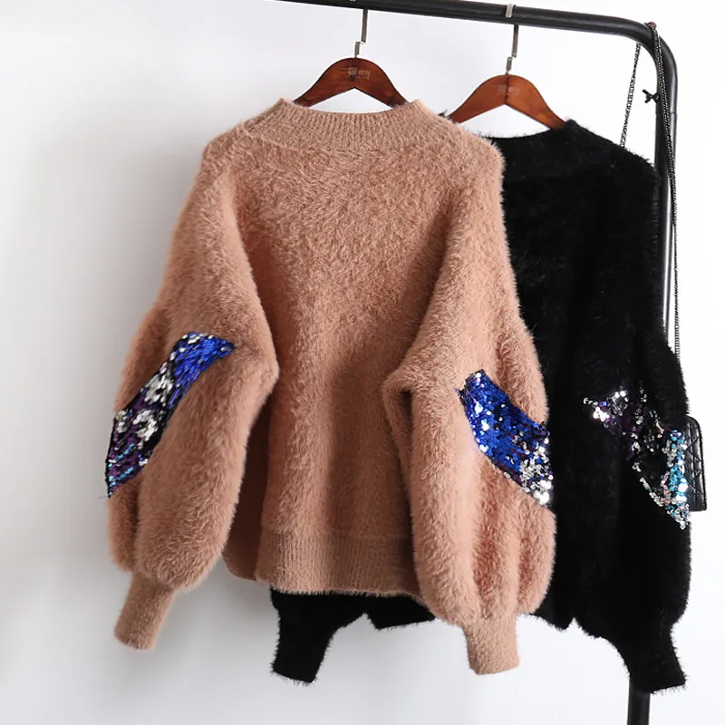 

Fashion Loose Lantern Sleeve Sequin Pullover Sweater Women Winter Long Sleeve Thick Warm Smooth Knit Sweaters Pullovers