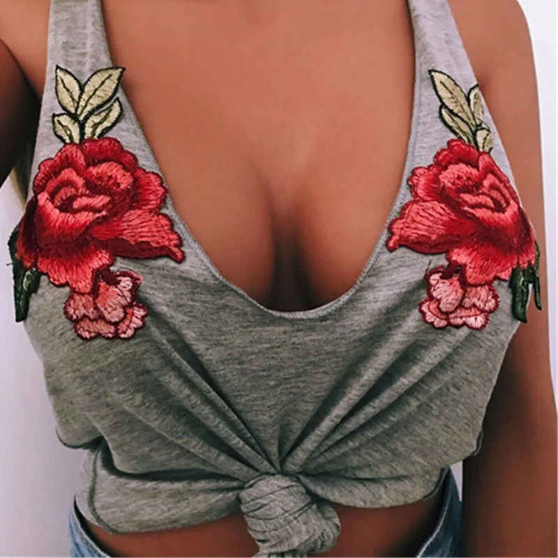 

Fashion Sexy Black Tank Top Women cotton Floral patch i Embroidery vest Deep V Neck Sleeveless Tops summer Beachwear Tops white