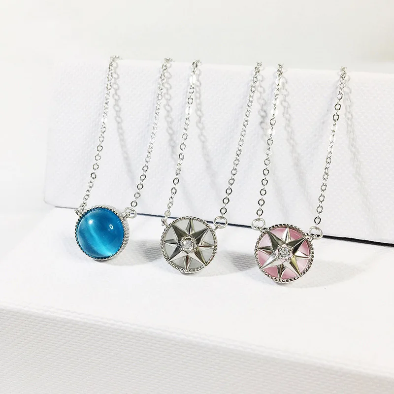 

Fashion 925 silver & Rose Gold Color retro Compass Blue/Pink Opal stone Pendant vintage Necklace Women Chain Choker 2019