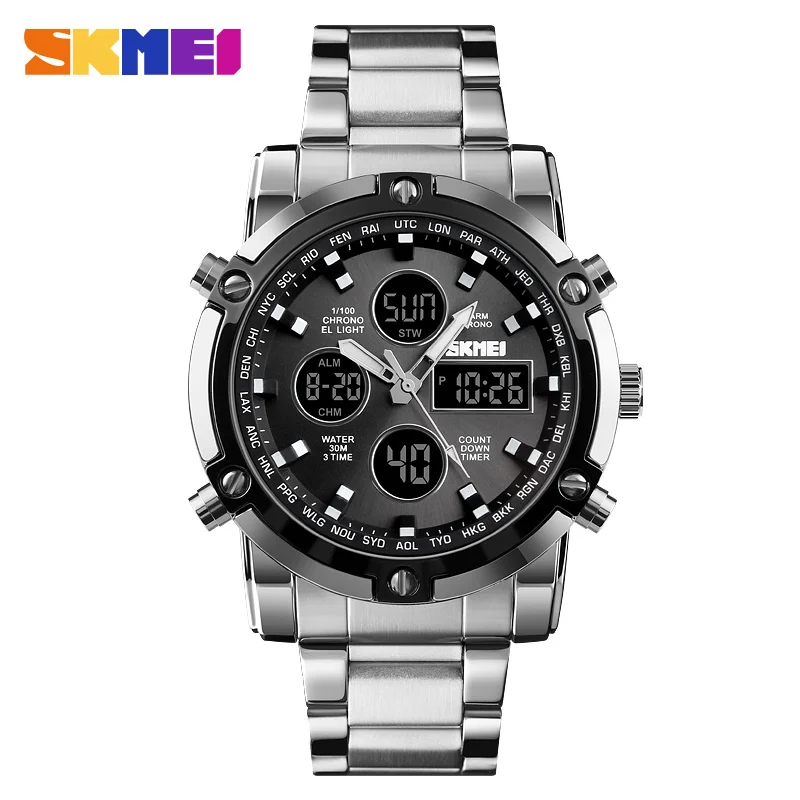 SKMEI часы Relogio Masculino мужские s часы Топ люксовый бренд спортивные часы обратного отсчета ремешок из нержавеющей стали Кварцевые наручные часы для мужчин - Цвет: Silver Black