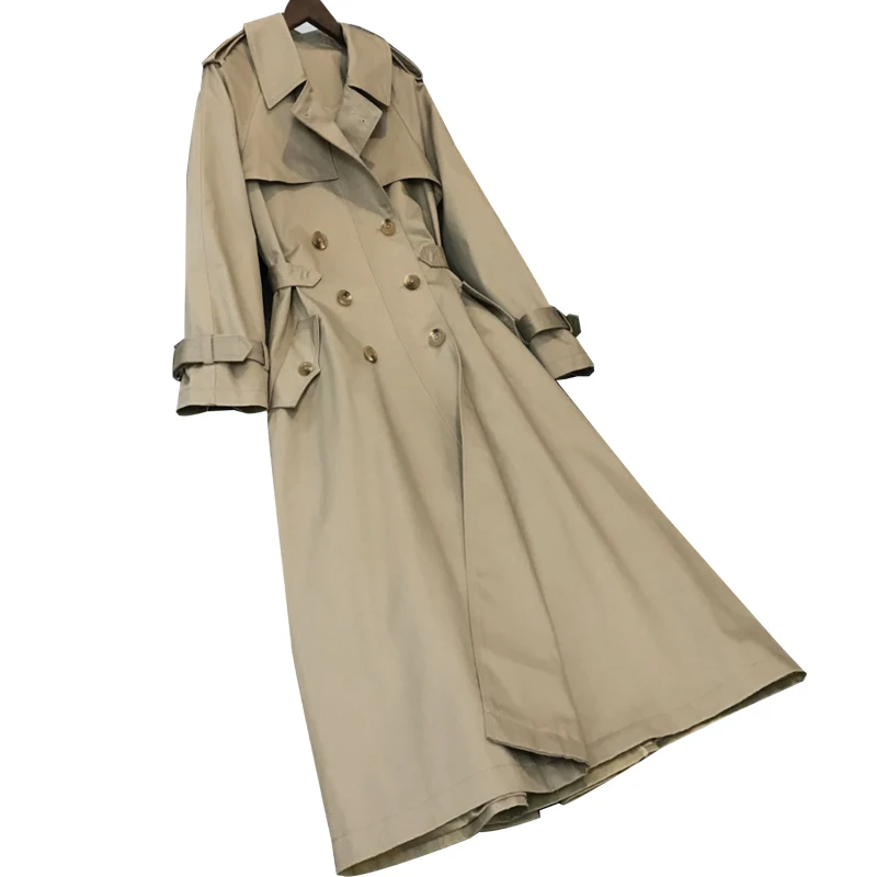 Длинная юбка ветровка Женская Весна Тонкий двубортный плащ цвета хаки женское шикарное пальто A221