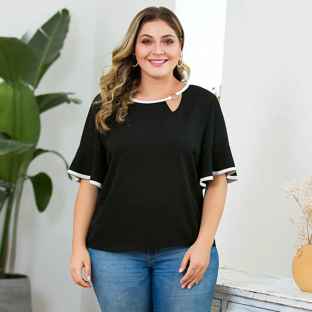 

Women Plus Size Blouse V-neck Contrast Color Flare Sleeve Loose Chiffon Shirt Camiseta Mujer Blusas Femininas Women Blouses #P3
