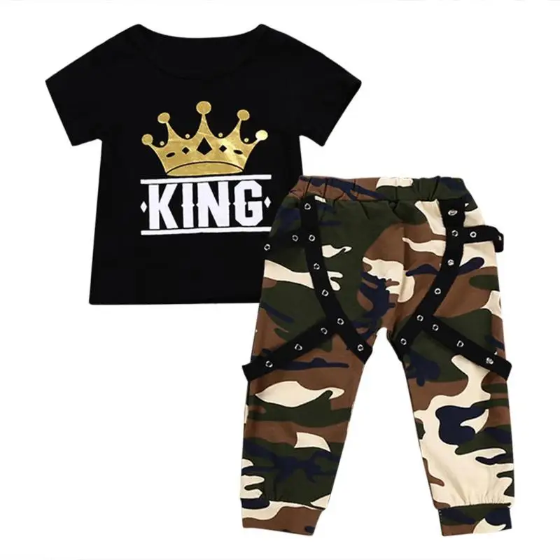 

2pcs/Set Baby Kids Boy Clothes Crown Print King Letters Short Sleeve T-shirt Tops Elastic Camouflage Pants Summer Outfit 1-6T