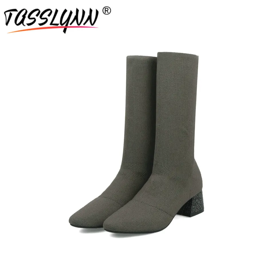 

TASSLYNN 2018 Western Stretch Women Boots Square Toe Woman Shoes Sexy Lady Mid-calf Sock Boots Square Heels Shoes Big Size 34-43