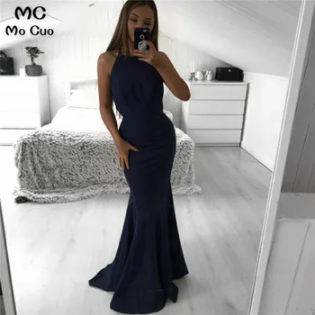 

2019 Halter Mermaid Evening Dresses Long Sweep Train Elastic Satin Black Formal Evening Party Dress for Women