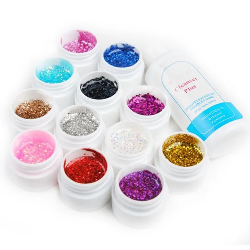 Big Glittery 12 Color UV Gel Builder Nail Art Cleanser Plus Setin Nail