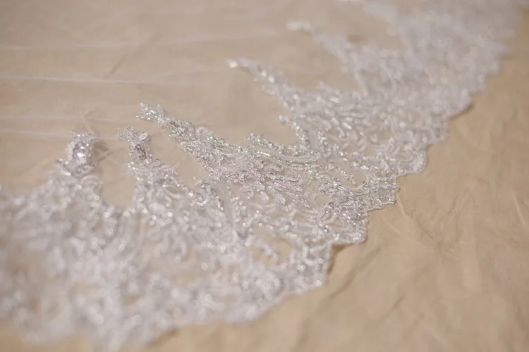 Wholesale 3 Meter Ivory Wedding Veils Long Beaded Lace Edge Bridal Veil (5)