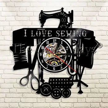 

1Piece I Love Sewing Vinyl Record Wall Clock Seamstress Modern Design Sewing Machine Sewing Room Wall Watch Decor Sewing Gift