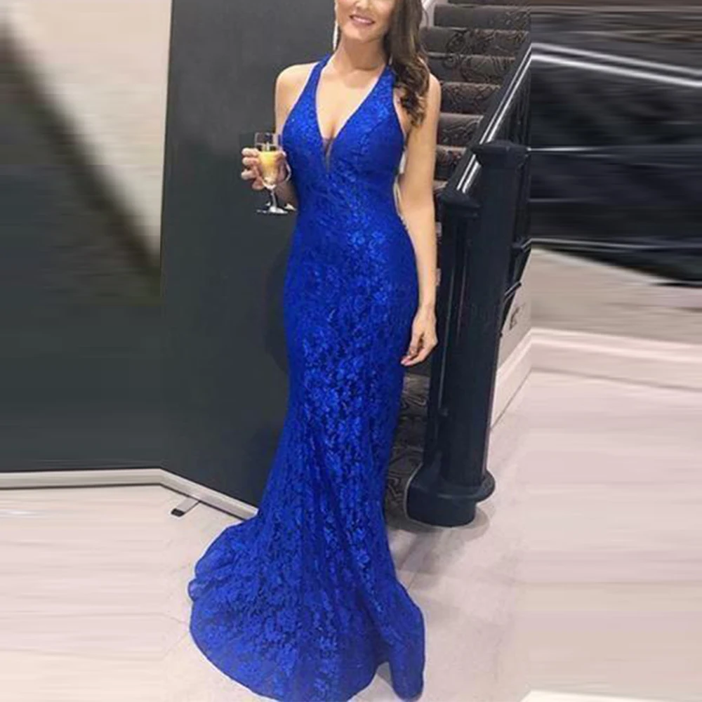 

Angel Married Sexy Deep V Neck Halter Lace Mermaid Prom Dresses Long Royal Blue Evening Gowns 2019 vestidos de festa formatura