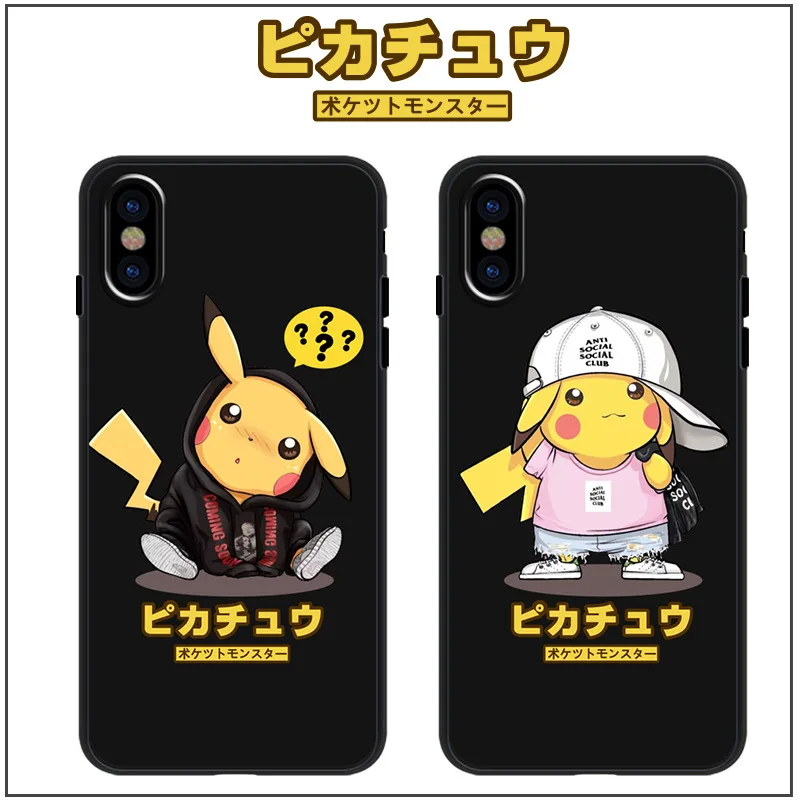 Japan anime black phone case Pokemons Pikachue kawaii cases for coque iPhone 7 8 6s 6plus silicon For iphone cover X XR Max |