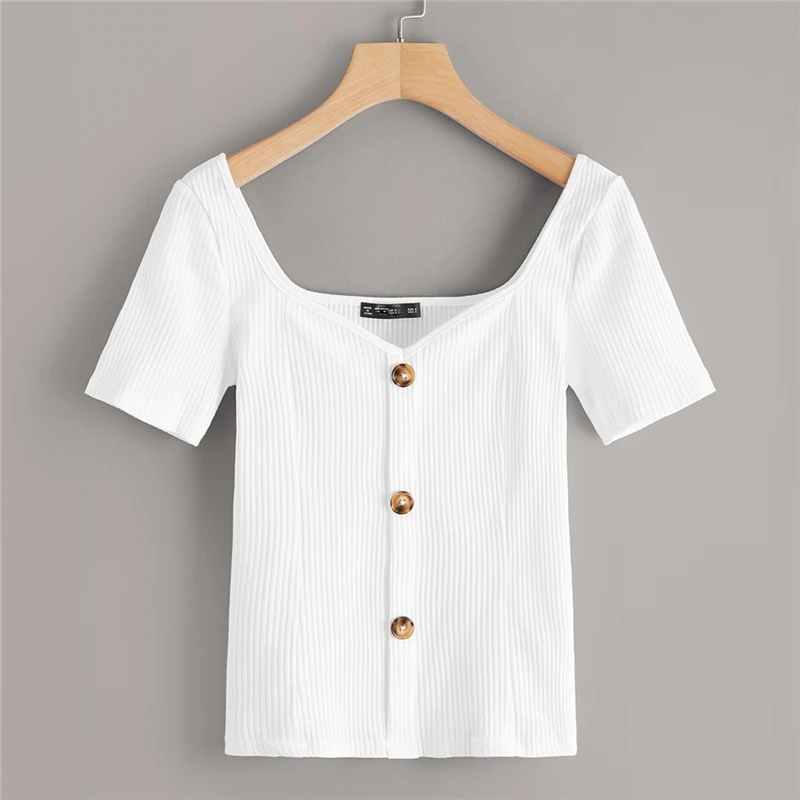 Dotfashion, белая пуговица спереди, ребристая вязка, облегающая футболка, женская одежда,, повседневные женские топы, Летний милый короткий рукав, футболка