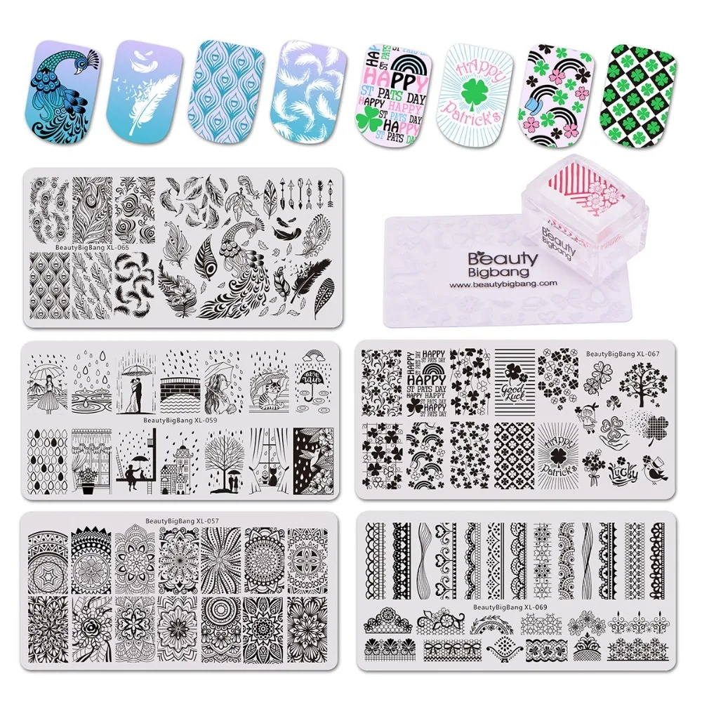 Набор пластин для штамповки ногтей BeautyBigBang, 10 шт., 5 видов стилей, винтажный шаблон для ногтей, форма с прозрачным желе, штамп для ногтей, художественный штамп, Набор лаков