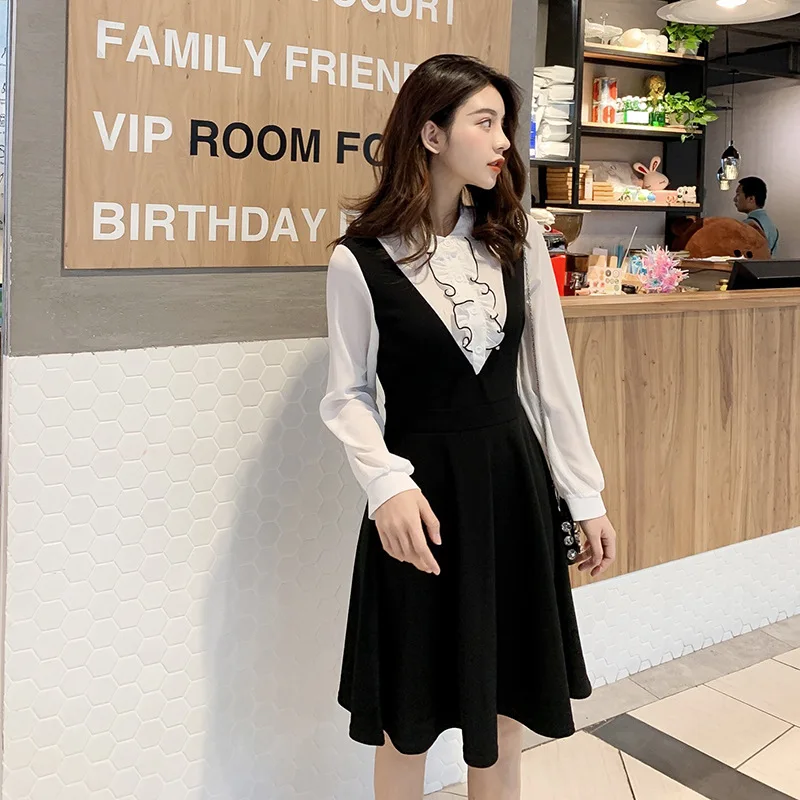 

Spring Patchwork Flase Two Pieces A-line Dress Women Elegant Stand Ruffles Elastic High Waist Knee-length Dress Female Slim Tops