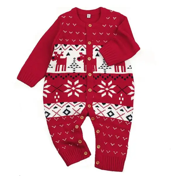 Рождественский комбинезон для маленьких мальчиков с рисунком лося; Одежда для новорожденных девочек; вязаный осенне-зимний теплый комбинезон с длинными рукавами; одежда - Цвет: red